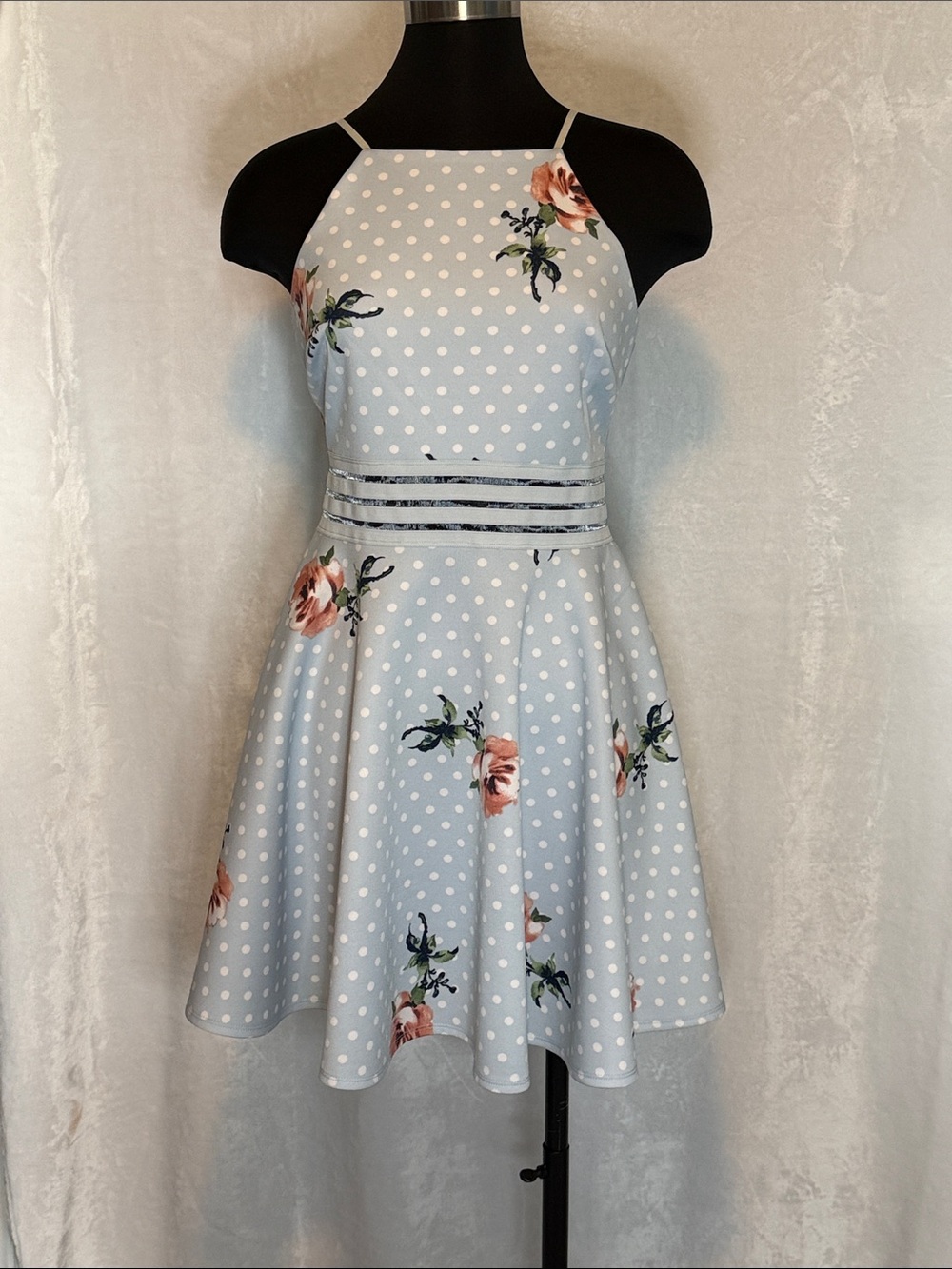 Polka Dot Floral Halter Skater Dress in Light Blue